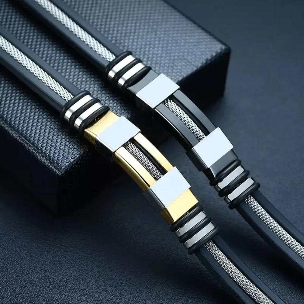 Chain Groove Wrap Men Metal Rubber Duo Bracelet